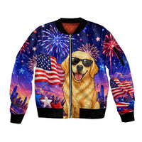 Golden Retriever My Dog Is A Democrat Sleeve Zip Bomber Jacket Patriotic Statue Of Liberty Fireworks