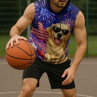 Golden Retriever My Dog Is A Democrat Sleeveless Hoodie Patriotic Statue Of Liberty Fireworks