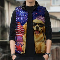 Golden Retriever My Dog Is A Democrat Sleeveless Puffer Jacket Patriotic Statue Of Liberty Fireworks