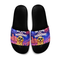Golden Retriever My Dog Is A Democrat Slide Sandals Patriotic Statue Of Liberty Fireworks