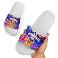 Golden Retriever My Dog Is A Democrat Slide Sandals Patriotic Statue Of Liberty Fireworks