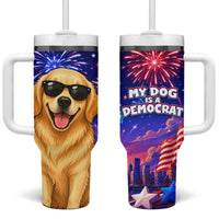 Golden Retriever My Dog Is A Democrat Tumbler With Handle Patriotic Statue Of Liberty Fireworks
