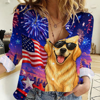 Golden Retriever My Dog Is A Democrat Women Casual Shirt Patriotic Statue Of Liberty Fireworks