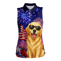 Golden Retriever My Dog Is A Democrat Women Sleeveless Polo Shirt Patriotic Statue Of Liberty Fireworks