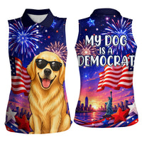 Golden Retriever My Dog Is A Democrat Women Sleeveless Polo Shirt Patriotic Statue Of Liberty Fireworks