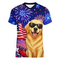 Golden Retriever My Dog Is A Democrat Women V-Neck T-Shirt Patriotic Statue Of Liberty Fireworks