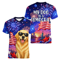 Golden Retriever My Dog Is A Democrat Women V-Neck T-Shirt Patriotic Statue Of Liberty Fireworks