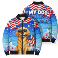 My Dog Is A Democrat Bomber Puffer Jacket Golden Retriever Patriotic American Flag Graphic