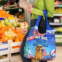 My Dog Is A Democrat Grocery Bag Golden Retriever Patriotic American Flag Graphic