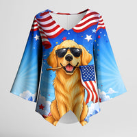 My Dog Is A Democrat Kimono Sleeve Blouse Golden Retriever Patriotic American Flag Graphic