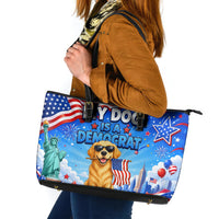 My Dog Is A Democrat Leather Tote Bag Golden Retriever Patriotic American Flag Graphic