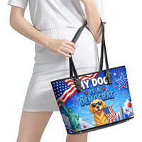My Dog Is A Democrat Leather Tote Bag Golden Retriever Patriotic American Flag Graphic