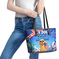 My Dog Is A Democrat Leather Tote Bag Golden Retriever Patriotic American Flag Graphic