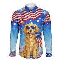 My Dog Is A Democrat Long Sleeve Button Shirt Golden Retriever Patriotic American Flag Graphic