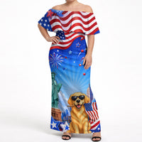 My Dog Is A Democrat Off Shoulder Maxi Dress Golden Retriever Patriotic American Flag Graphic