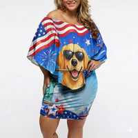My Dog Is A Democrat Off Shoulder Short Dress Golden Retriever Patriotic American Flag Graphic