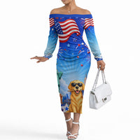 My Dog Is A Democrat Off The Shoulder Long Sleeve Dress Golden Retriever Patriotic American Flag Graphic