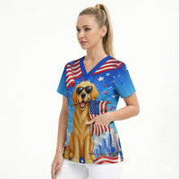 My Dog Is A Democrat Scrub Top Golden Retriever Patriotic American Flag Graphic