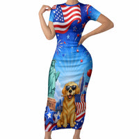 My Dog Is A Democrat Short Sleeve Bodycon Dress Golden Retriever Patriotic American Flag Graphic