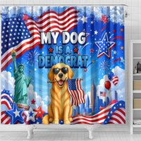 My Dog Is A Democrat Shower Curtain Golden Retriever Patriotic American Flag Graphic