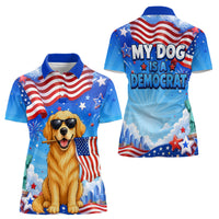 My Dog Is A Democrat Women Polo Shirt Golden Retriever Patriotic American Flag Graphic