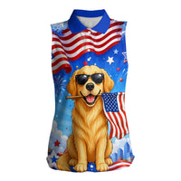 My Dog Is A Democrat Women Sleeveless Polo Shirt Golden Retriever Patriotic American Flag Graphic