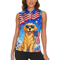 My Dog Is A Democrat Women Sleeveless Polo Shirt Golden Retriever Patriotic American Flag Graphic