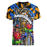 Amsterdam Dutch Republic Netherlands Women V-Neck T-Shirt Urban Graffiti Patriotic Landmark Tulips