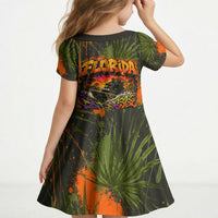 Florida Alligator Airboat Kid Short Sleeve Dress Everglade Swamp Life Graffiti Splatter Artwork