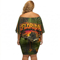 Florida Alligator Airboat Off Shoulder Short Dress Everglade Swamp Life Graffiti Splatter Artwork