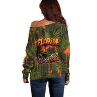 Florida Alligator Airboat Off Shoulder Sweater Everglade Swamp Life Graffiti Splatter Artwork
