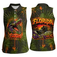 Florida Alligator Airboat Women Sleeveless Polo Shirt Everglade Swamp Life Graffiti Splatter Artwork