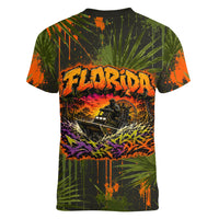 Florida Alligator Airboat Women V-Neck T-Shirt Everglade Swamp Life Graffiti Splatter Artwork
