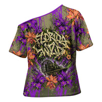 Florida Gator Wild Airboat Cross Shoulder Shirt Tropical Hibiscus Floral Graffiti Paint Splatter Art
