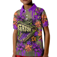 Florida Gator Wild Airboat Kid Polo Shirt Tropical Hibiscus Floral Graffiti Paint Splatter Art