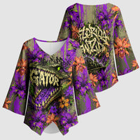 Florida Gator Wild Airboat Kimono Sleeve Blouse Tropical Hibiscus Floral Graffiti Paint Splatter Art