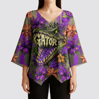 Florida Gator Wild Airboat Kimono Sleeve Blouse Tropical Hibiscus Floral Graffiti Paint Splatter Art