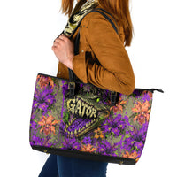 Florida Gator Wild Airboat Leather Tote Bag Tropical Hibiscus Floral Graffiti Paint Splatter Art