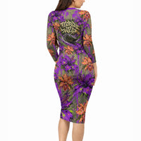 Florida Gator Wild Airboat Long Sleeve Bodycon Dress Tropical Hibiscus Floral Graffiti Paint Splatter Art