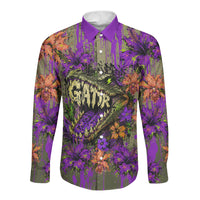 Florida Gator Wild Airboat Long Sleeve Button Shirt Tropical Hibiscus Floral Graffiti Paint Splatter Art
