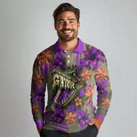 Florida Gator Wild Airboat Long Sleeve Polo Shirt Tropical Hibiscus Floral Graffiti Paint Splatter Art