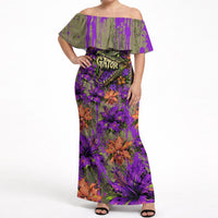 Florida Gator Wild Airboat Off Shoulder Maxi Dress Tropical Hibiscus Floral Graffiti Paint Splatter Art