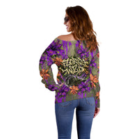 Florida Gator Wild Airboat Off Shoulder Sweater Tropical Hibiscus Floral Graffiti Paint Splatter Art