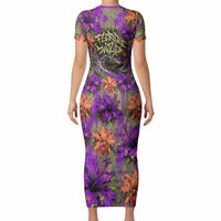 Florida Gator Wild Airboat Short Sleeve Bodycon Dress Tropical Hibiscus Floral Graffiti Paint Splatter Art
