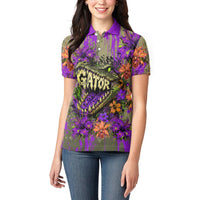 Florida Gator Wild Airboat Women Polo Shirt Tropical Hibiscus Floral Graffiti Paint Splatter Art