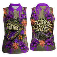 Florida Gator Wild Airboat Women Sleeveless Polo Shirt Tropical Hibiscus Floral Graffiti Paint Splatter Art