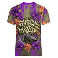 Florida Gator Wild Airboat Women V-Neck T-Shirt Tropical Hibiscus Floral Graffiti Paint Splatter Art
