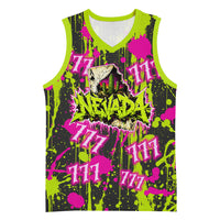 Nevada Battle Born The Silver State 777 Basketball Jersey Vibrant Lime Pink Splatter Punk Rock Bull Skull Art