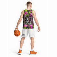 Nevada Battle Born The Silver State 777 Basketball Jersey Vibrant Lime Pink Splatter Punk Rock Bull Skull Art