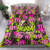 Nevada Battle Born The Silver State 777 Bedding Set Vibrant Lime Pink Splatter Punk Rock Bull Skull Art
